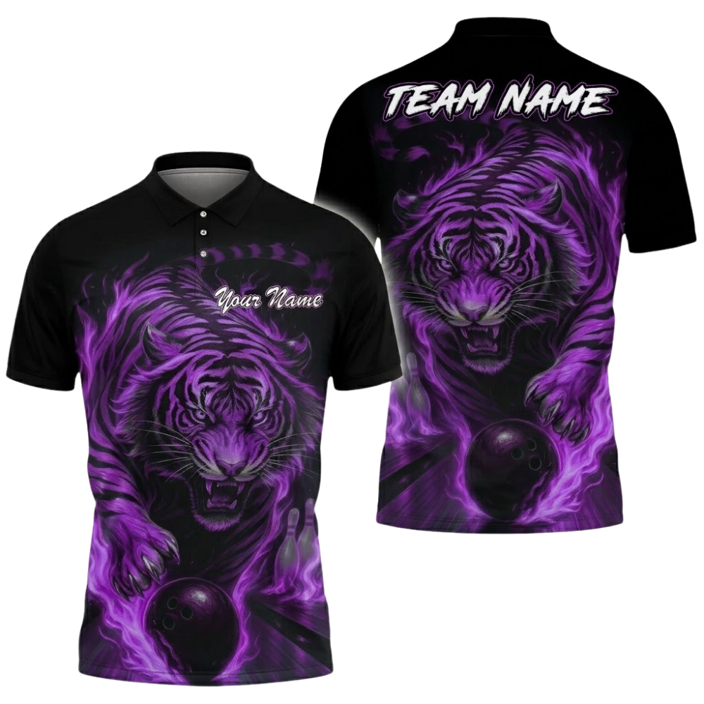 Tiger Flame Custom Mens Blue Bowling Polo Shirt, Custom Tiger Bowling Shirt Team BZ0831