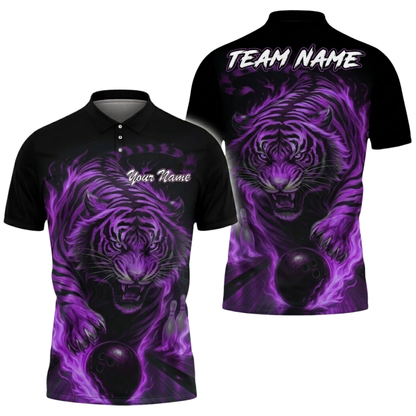 Tiger Flame Custom Mens Blue Bowling Polo Shirt, Custom Tiger Bowling Shirt Team BZ0831