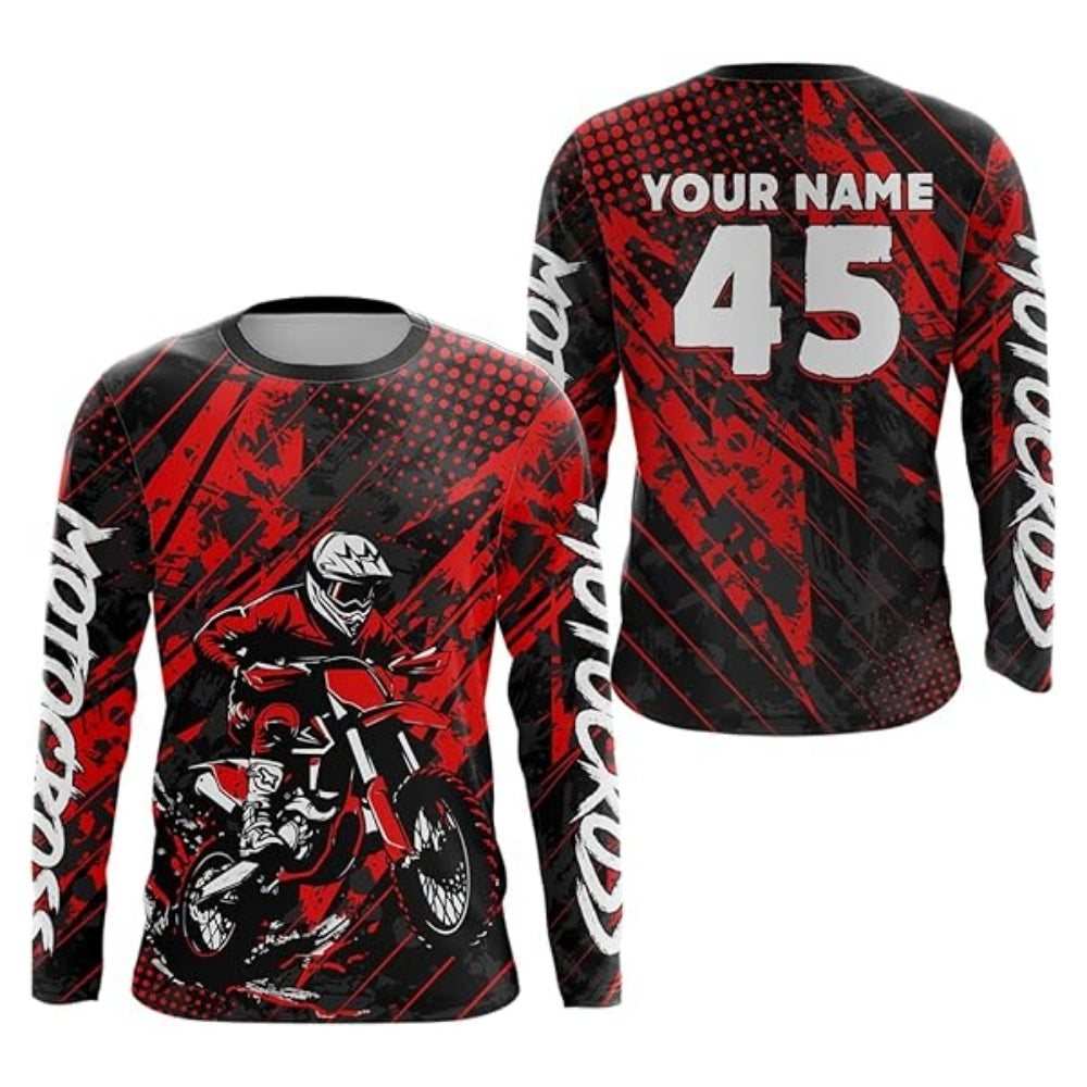 Custom Grunge Motocross Black And Red Long Sleeve Mens Jersey, Custom Racing Dirt Bike Shirts MZ0005