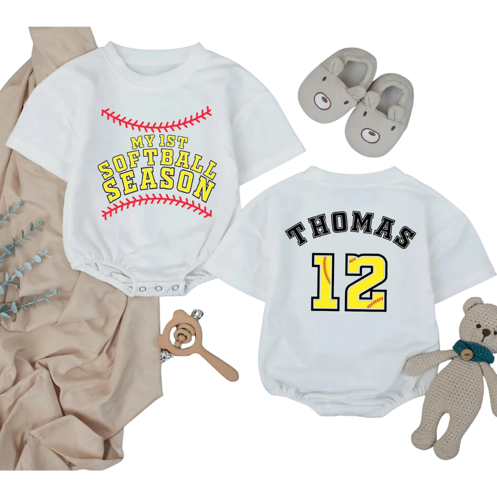 My First Softball Season Custom Baby Name Tshirt Bubble Romper, Custom Baby Softball Lover Romper BB0289