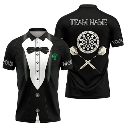 Custom Tuxedo Black White Darts Men Polo Shirt, Custom Tuxedo Darts Team Shirt DZ0170