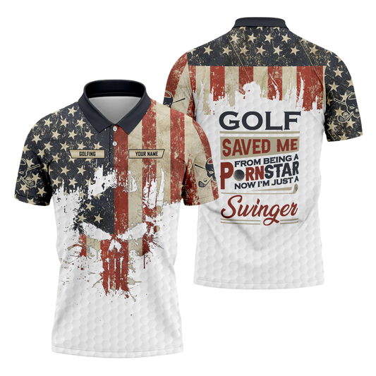 Golf Saved Me From Being A Pornstar Now I'm Just A Swinger Custom Skull USA Flag Vintage Golf Polo Shirt Men, Custom Funny Patriot Golf Shirt GZ0289