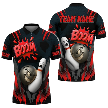 Custom Funny Ball And Pins Mens Bowling Polo Shirt, Custom Funny Bowling Team Shirts Black Red BZ0510