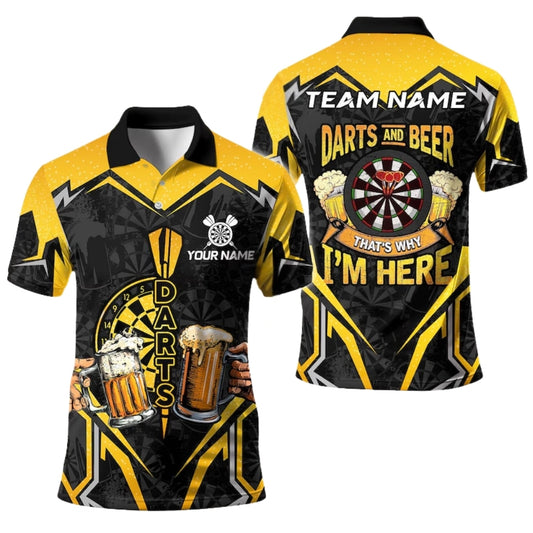 Darts And Beer That's Why I'm Here Custom Yellow Black Dart Polo Shirt Men, Custom Funny Beer Darts Team Shirts DE0003