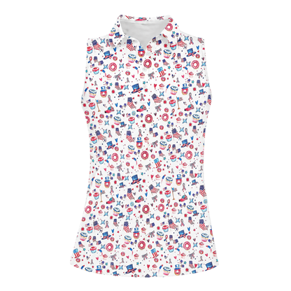 4th Of July USA Pattern Sleeveless Golf Shirt For Ladies, Women's Independence Day Golf GE0501 Shirt