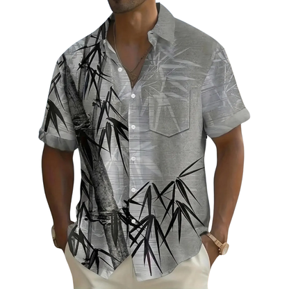 Bamboo Blue White Pocket Hawaiian Shirts For Men, Tropical Hawaiian Shirts HE0387