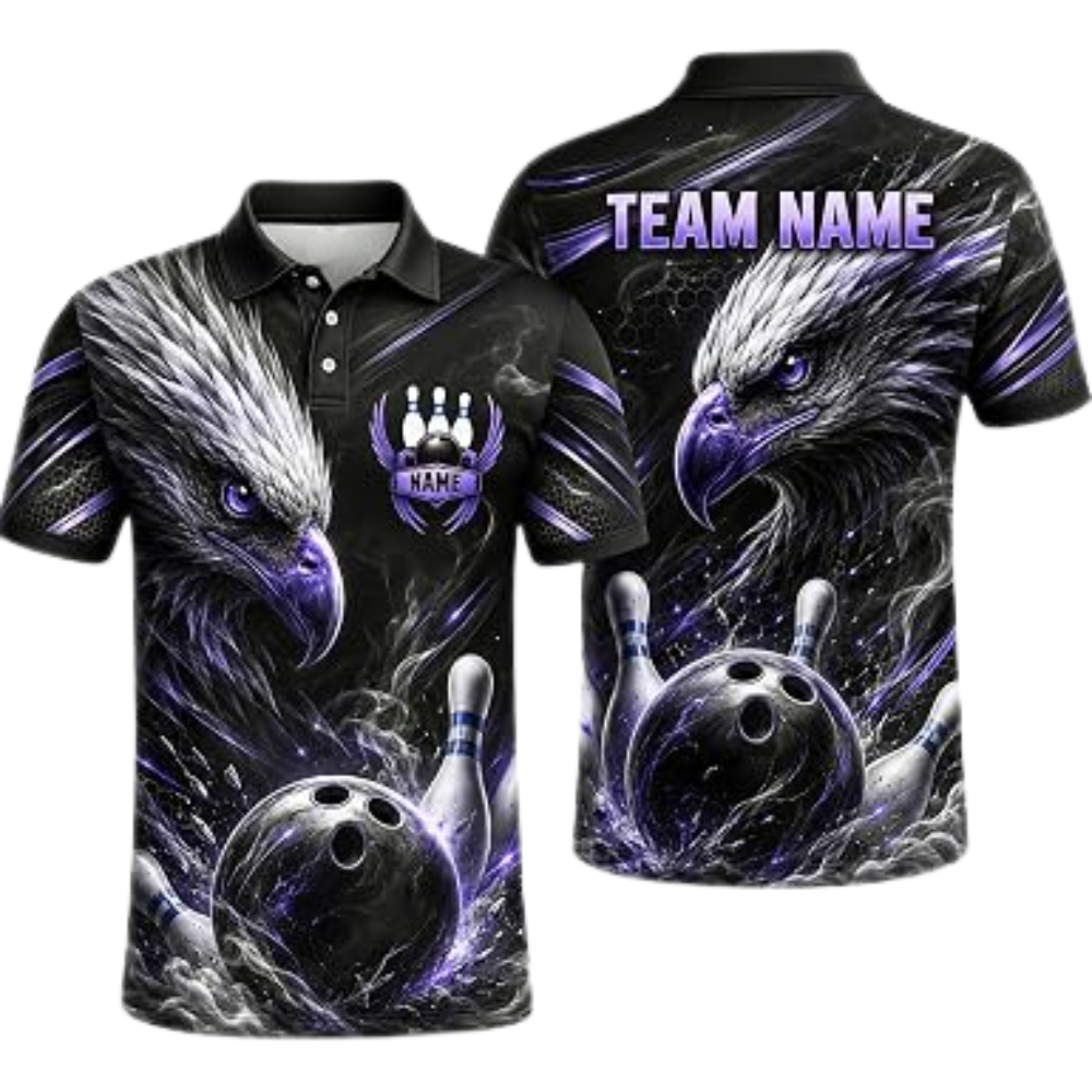 Custom Eagle Gold Black Bowling Polo Shirt For Men, Custom Eagle Bowling Team Shirt BZ0871