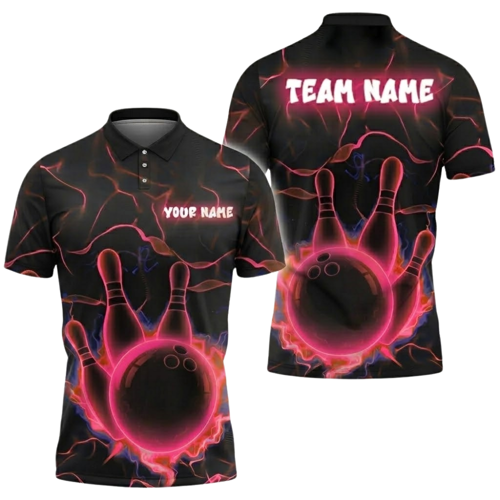Neon Blue Thunder Custom Bowling Mens Polo Shirt, Custom Team Bowling Shirts BZ0679