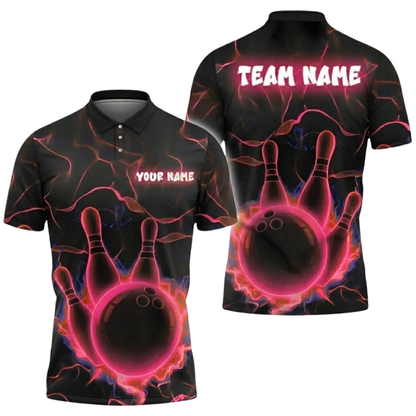 Neon Blue Thunder Custom Bowling Mens Polo Shirt, Custom Team Bowling Shirts BZ0679