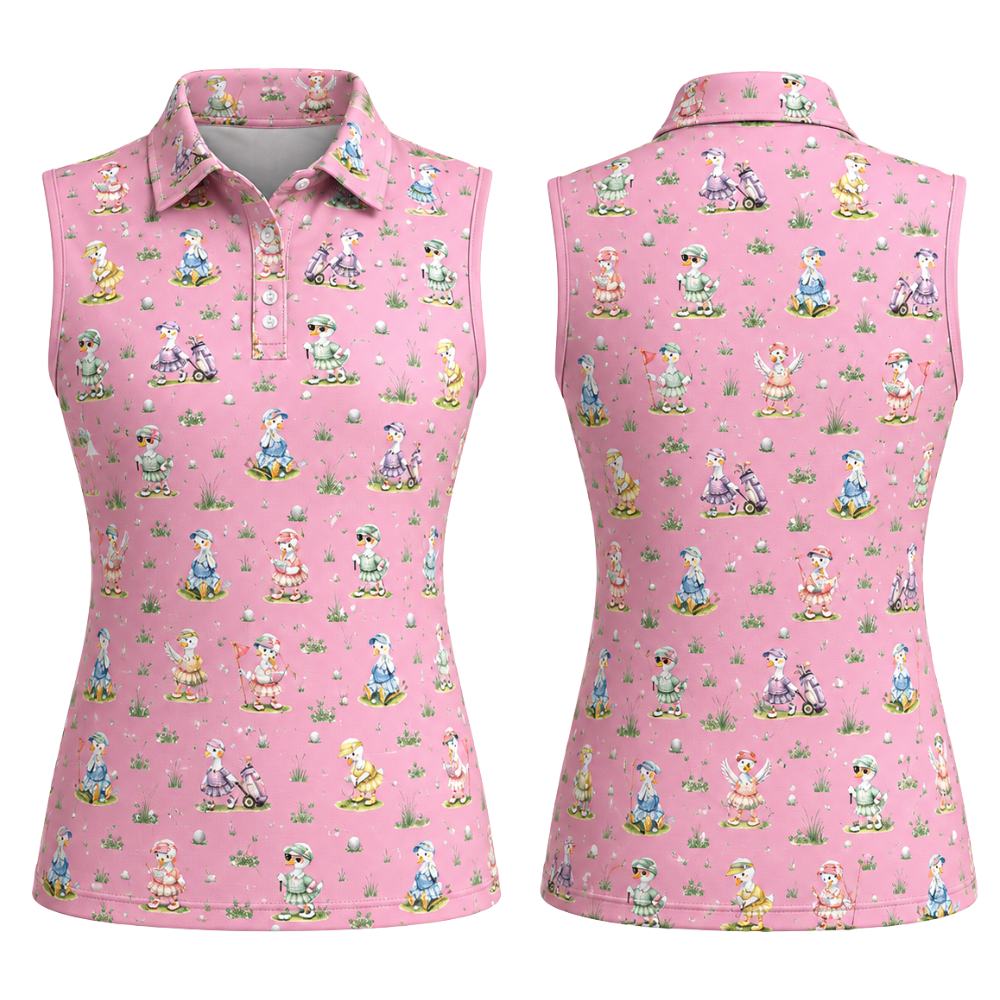 Pink Silly Goose Sleeveless Golf Shirts For Ladies, Women's Funny Goose Golf Shirts GE0472