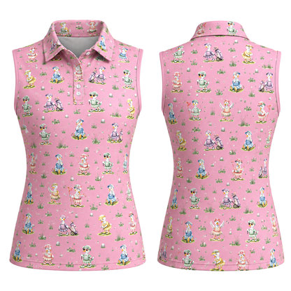 Pink Silly Goose Sleeveless Golf Shirts For Ladies, Women's Funny Goose Golf Shirts GE0472