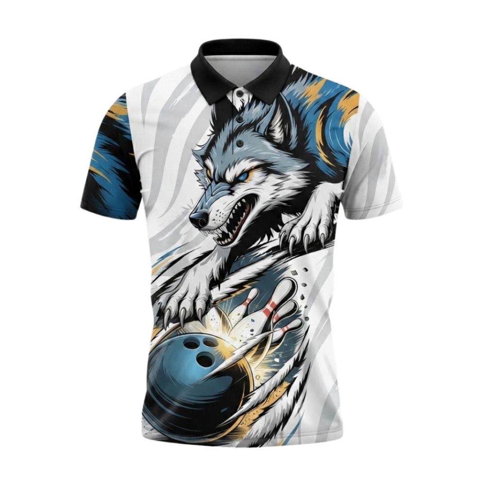 Custom Wolf Men's Blue White Bowling Polo Shirt, Custom Wolf Bowling Shirt For Team BZ0800