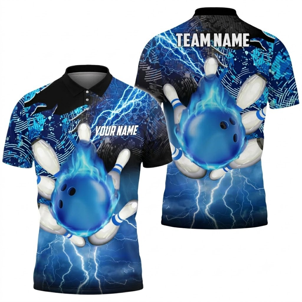 Blue Flaming Custom Bowling Polo Shirt For Men, Custom Flame Bowling Shirts Team BZ0734