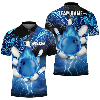 Blue Flaming Custom Bowling Polo Shirt For Men, Custom Flame Bowling Shirts Team BZ0734
