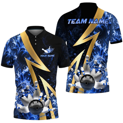 Blue Flame Custom Mens 3D Bowling Polo Shirt, Custom Flame Bowling Team Shirts BZ0557