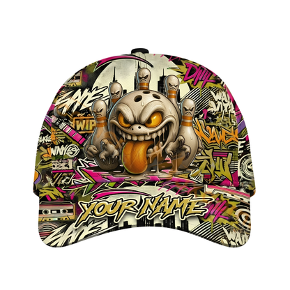 Custom Bowling Funny Pins And Ball Graffiti Baseball Cap, Custom Bowling Cap Hat CP0696