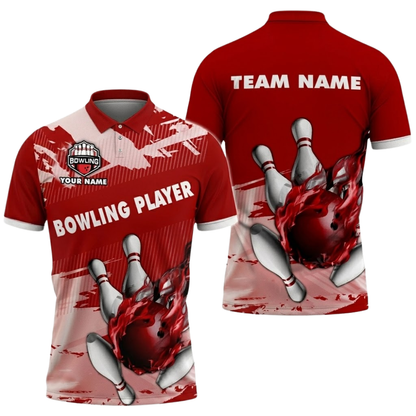 Custom Blue Flame Bowling Player Polo Shirt, Custom Flame Bowling Shirt Team BZ0827