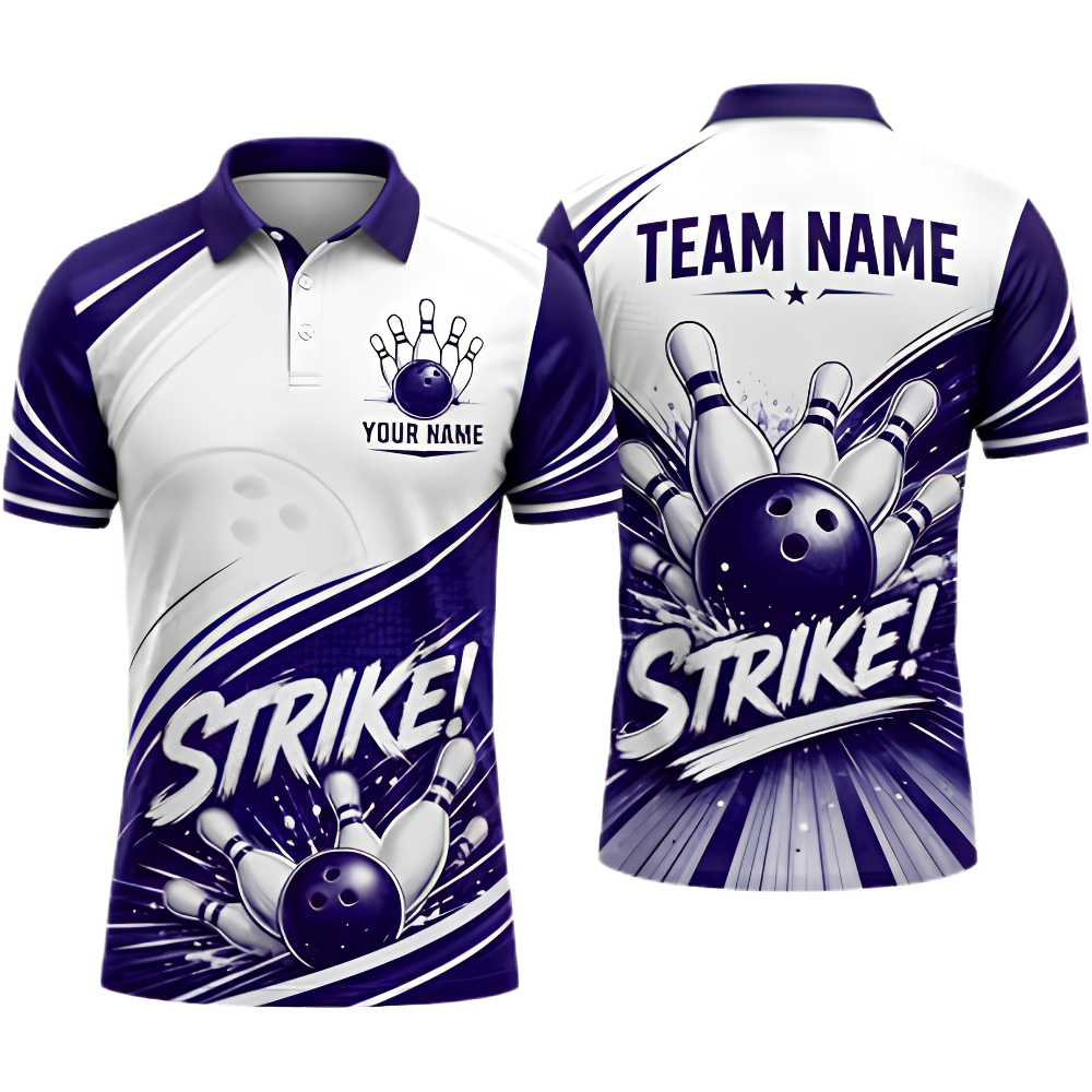 White And Blue Custom Team Bowling Polo Shirt For Men, Custom Bowling Shirt BZ0971