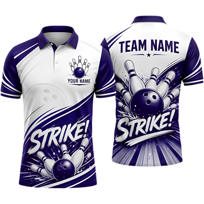 White And Blue Custom Team Bowling Polo Shirt For Men, Custom Bowling Shirt BZ0971