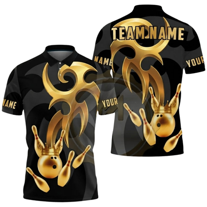 Custom Mens Black Gold Bowling Team Polo Shirt, Custom Bowling Shirts For Team BZ0555