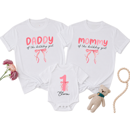 Personalized Pink Bow First Birthday Girl Family Matching T Shirt, Custom 1st Birthday Family Shirts ET1154