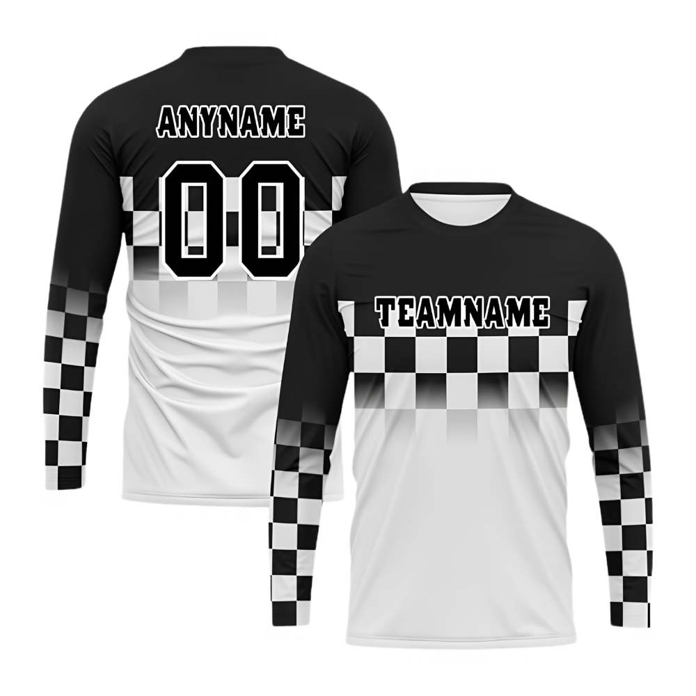 Custom Black And White Checkered Dirt Bike Long Sleeve Team Jersey For Mens, Custom Checkered Dirt Bike Shirts MZ0123