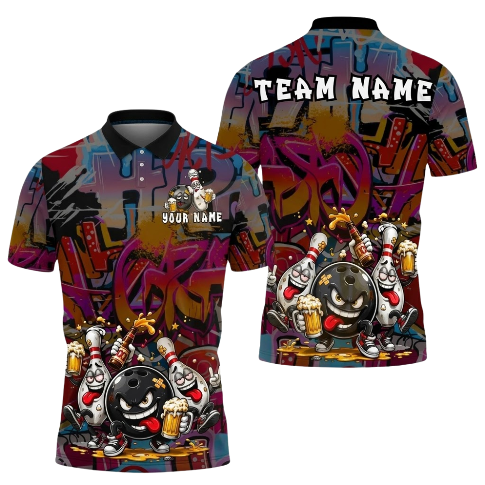 Funny Pins And Ball Custom Mens Graffiti Bowling Polo Shirt, Custom Funny Bowling Team Shirt BZ0866