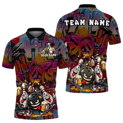 Funny Pins And Ball Custom Mens Graffiti Bowling Polo Shirt, Custom Funny Bowling Team Shirt BZ0866