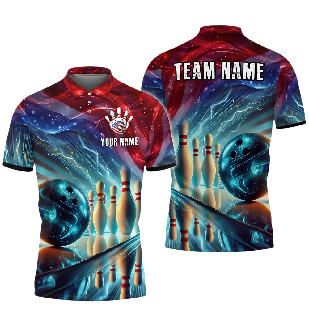 Custom Neon American Flag Bowling Polo Shirt For Men, Custom Patriotic Bowling Team Shirts BZ0906