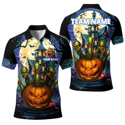 Custom Skull Pumpkin Bowling Polo Shirt For Men, Custom Halloween Bowling Team Shirt BE0249