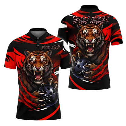 Custom Tiger Men's Black Orange Bowling Polo Shirt, Custom Tiger Team Bowling Shirt BZ1017