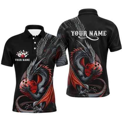 Custom Dragon Mens Bowling Polo Shirt, Black And Red Custom Dragon Bowling Shirt BZ0639
