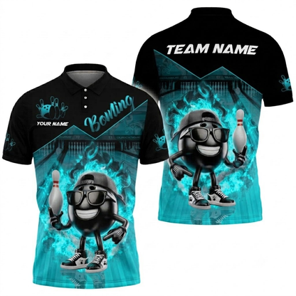 Custom Funny Ball Flame Bowling Polo Shirt For Men, Custom Flame Bowling Team Shirt BZ0836