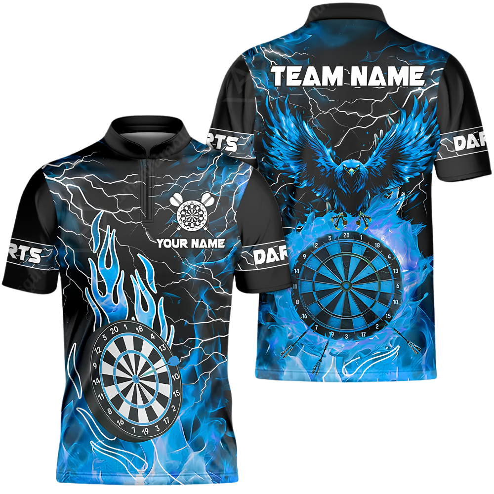Custom Eagle Flame Cyan Dart Jersey For Men, Custom Eagle Darts Team Shirt DZ0167