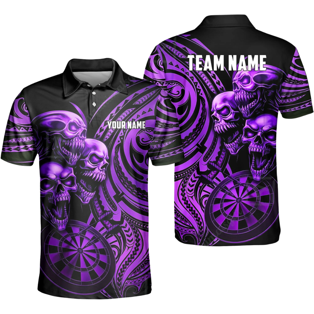 Custom Skeleton Black And Cyan Darts Mens Polo Shirt, Custom Skull Dart Shirt For Team DZ0102