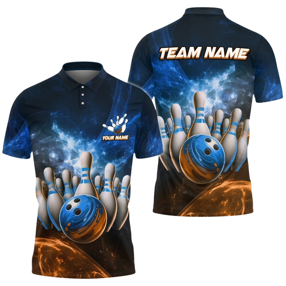 Custom Team Blue Galaxy Bowling Polo Shirt For Men, Custom Bowling Shirt BZ1018