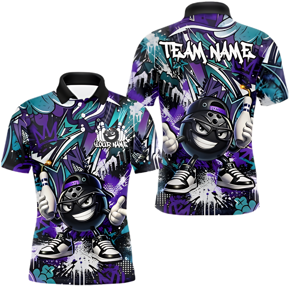 Custom Funny Ball Graffiti Bowling Polo Shirt Mens, Custom Team Bowling Shirts BZ0914