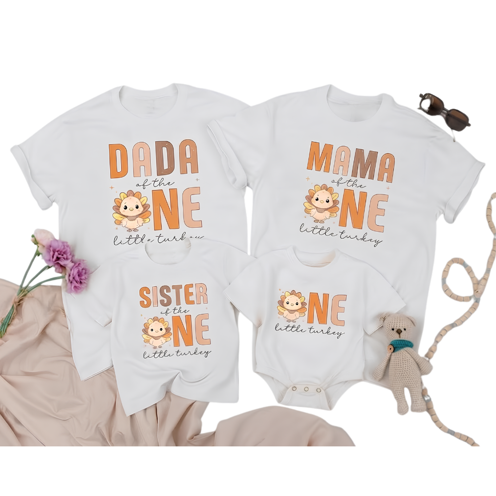 One Little Turkey Custom Family Matching T Shirt, Personalized Thanksgiving First Birthday Family Shirts ET1208