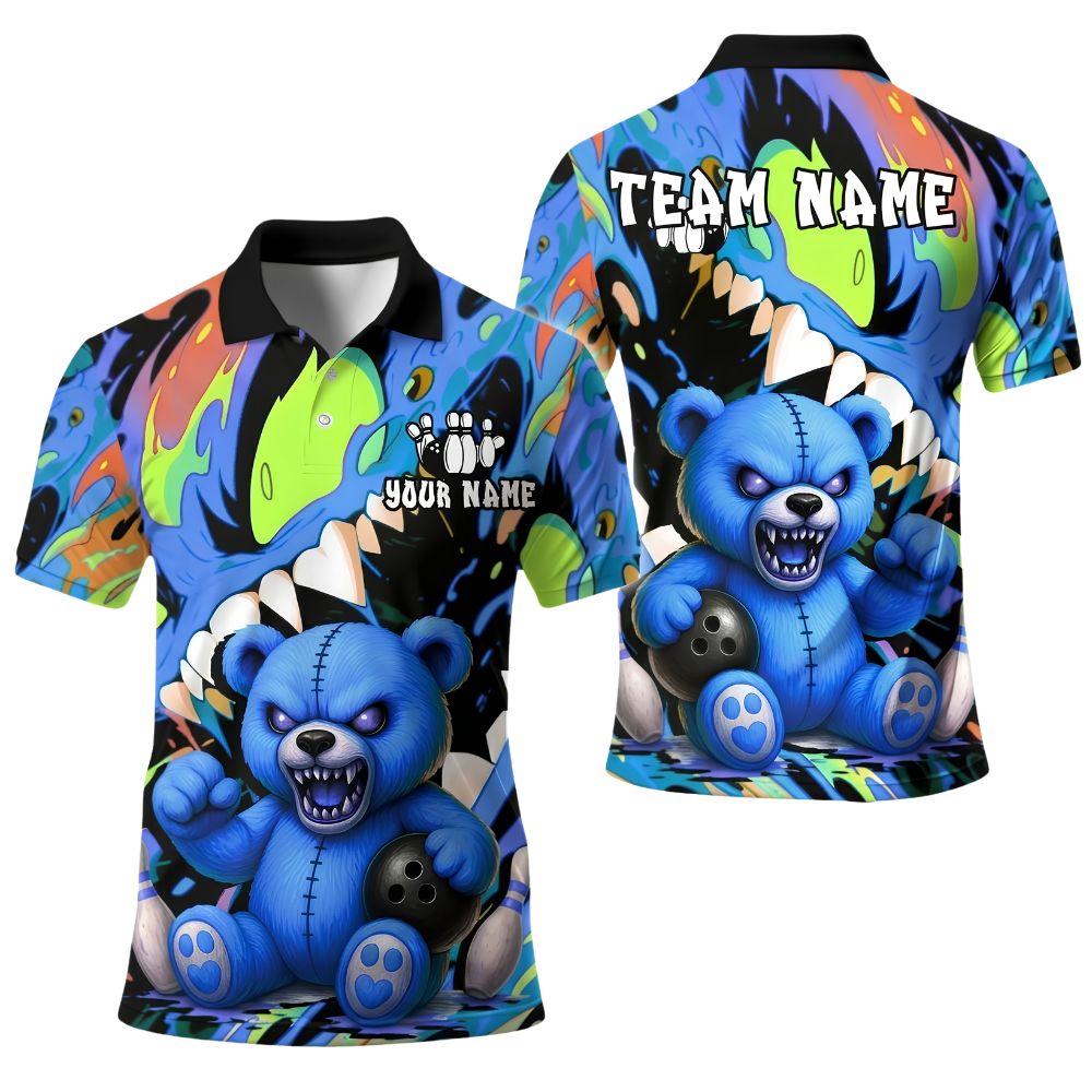 Custom Angry Teddy Bear Mens Bowling Polo Shirt, Custom Bear Team Bowling Shirt BE0262