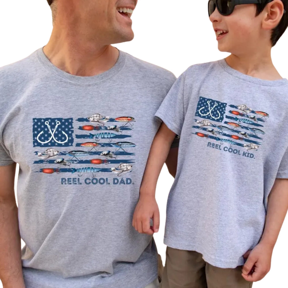 Reel Cool Dad Reel Cool Kid USA Flag Fishing Matching Shirt For Father Son, Daddy And Me Fishing Matching Shirts ET1000