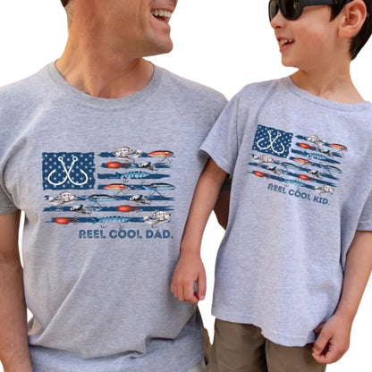Reel Cool Dad Reel Cool Kid USA Flag Fishing Matching Shirt For Father Son, Daddy And Me Fishing Matching Shirts ET1000