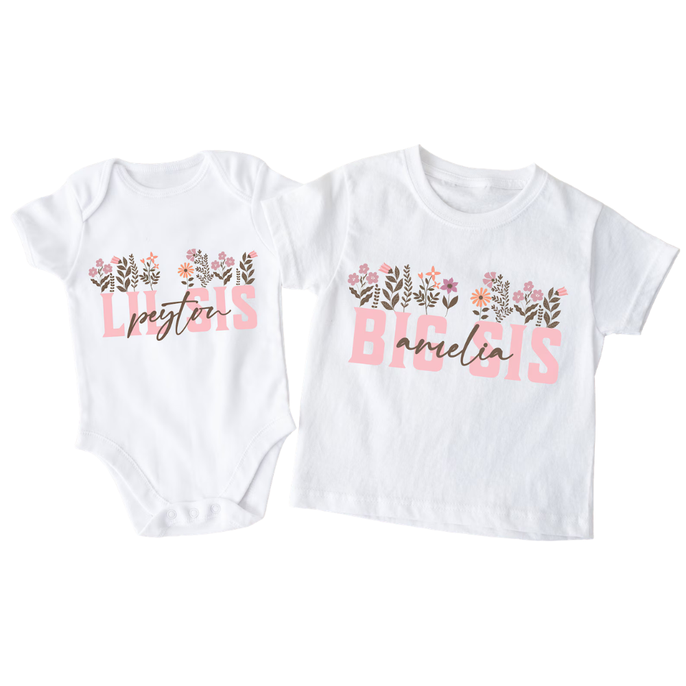 Big Sis Lil Sis Custom Name Flower Matching T Shirt, Custom Floral Sibling Matching Family Shirts ET1156