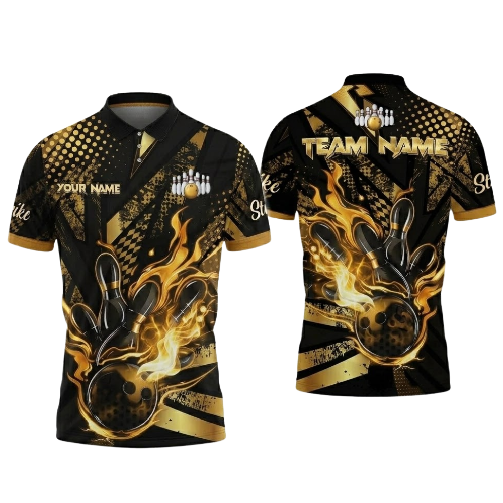 Custom Black And Teal Flame Bowling Polo Shirt For Men, Custom Flame Bowling Team Shirt BZ0846