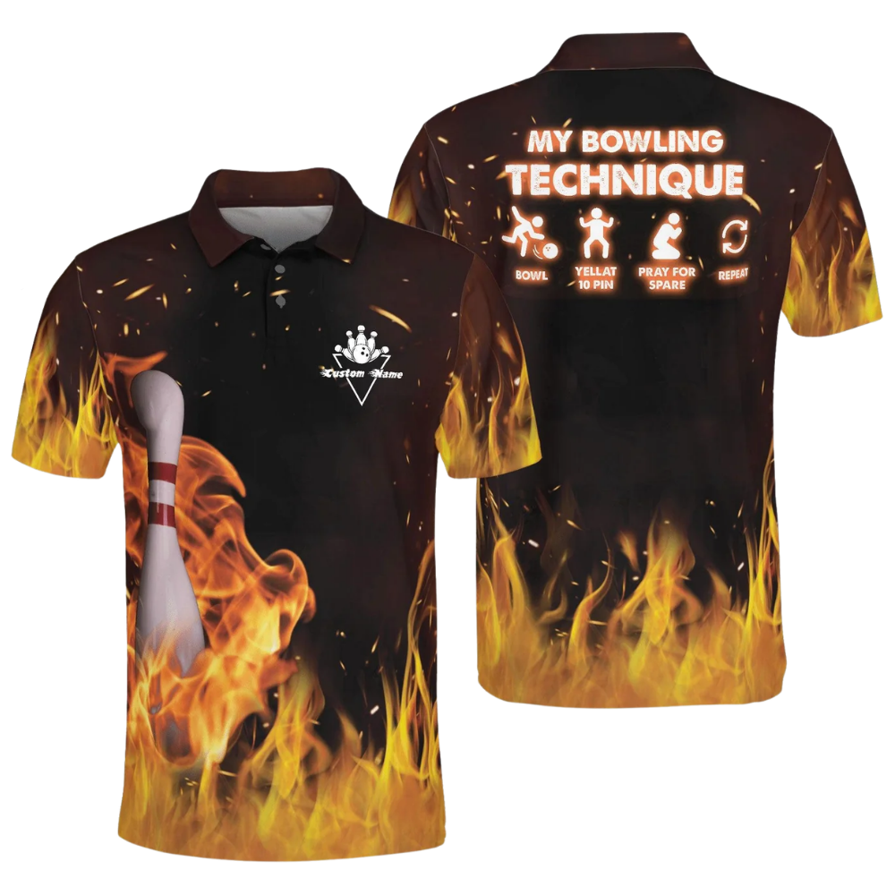 My Bowling Technique Custom Blue Red Flame Polo Shirt For Men, Custom Funny Flame Bowling Shirts BZ0497