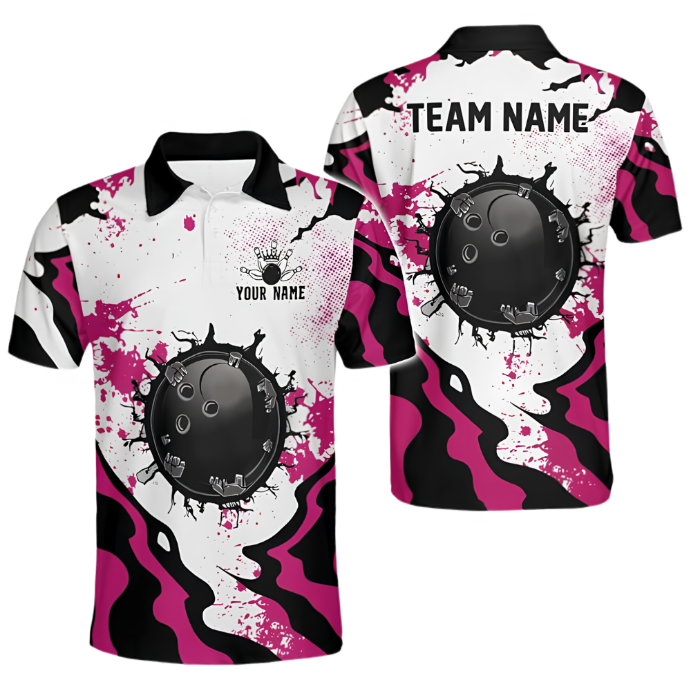 Custom Team Cracked Ball Red White Bowling Polo Shirt For Men, Custom Bowling Team Shirts BZ0667