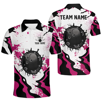 Custom Team Cracked Ball Red White Bowling Polo Shirt For Men, Custom Bowling Team Shirts BZ0667