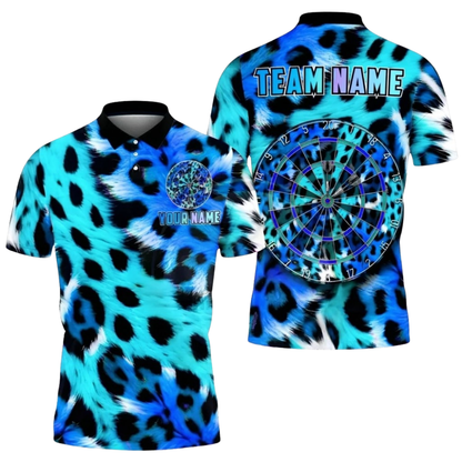 Custom Leopard Neon Cyan Pink Dart Polo Shirt Men, Custom Leopard Darts Team Shirt DZ0134