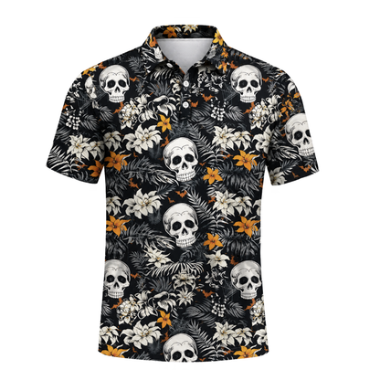 Skeleton Flowers Aloha Golf Polo Shirts Mens Black, Skull Golf Shirts GZ0448