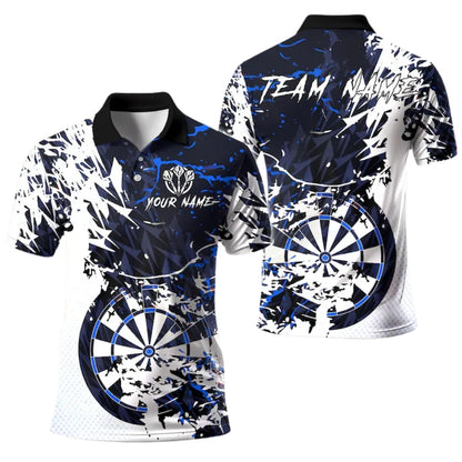 Custom Team Grunge White Blue Dart Polo Shirt For Men, Custom Darts Shirts DE0087