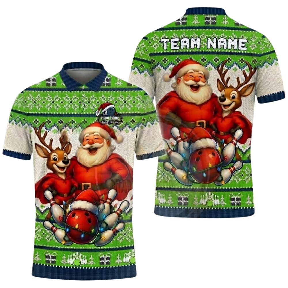 Custom Santa Ugly Christmas Bowling Polo Shirt For Men, Custom Christmas Bowling Shirt BZ0623